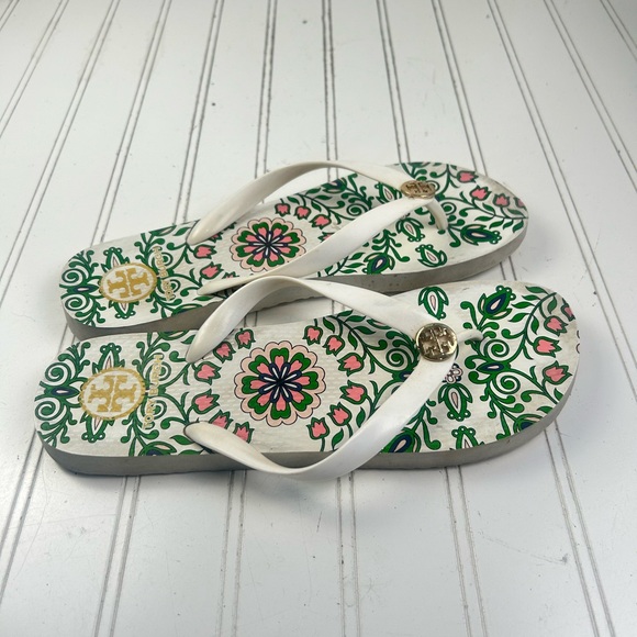Tory Burch Green Pink Floral Pattern Garden Party flip flops Women’s Size 11-12 - Picture 3 of 8